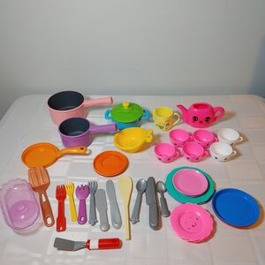 Colorful Kids Dish Set - Teapot, Cups, Cooking Pots, Utensils, Plates, 40 Pieces